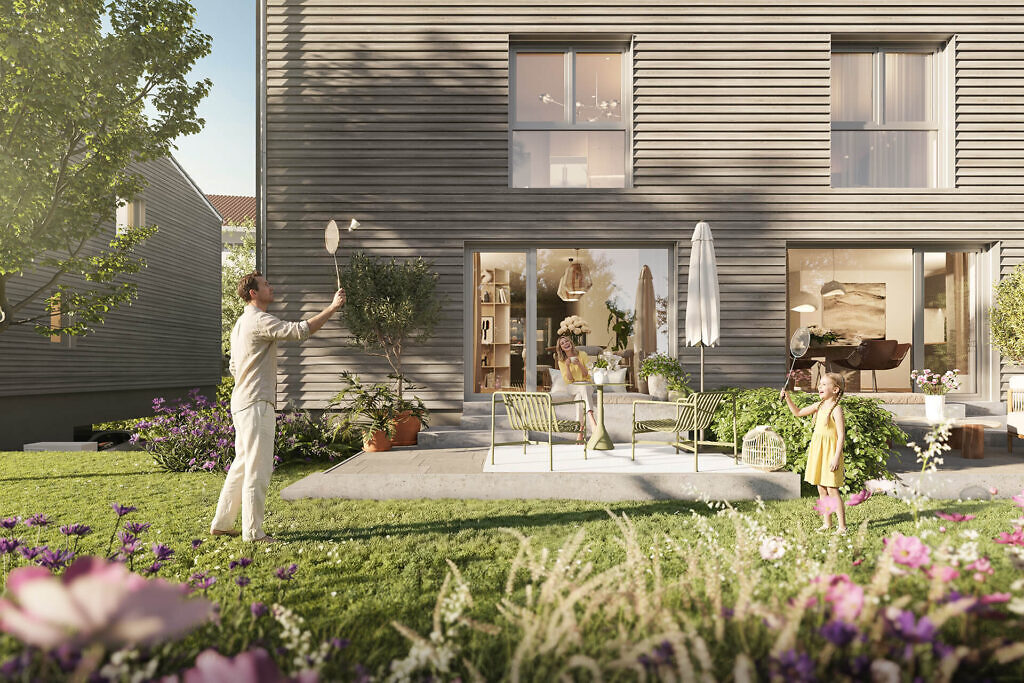 Visualisierung einer Terrasse mit Garten im Neubauprojekt "im glückswinkel" in Bietigheim-Bissingen an der Enz