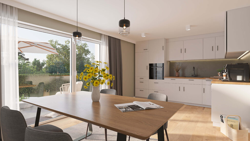 Visualisierung der Küche und des Essbereiches im Neubauprojekt "im glückswinkel" in Bietigheim-Bissingen