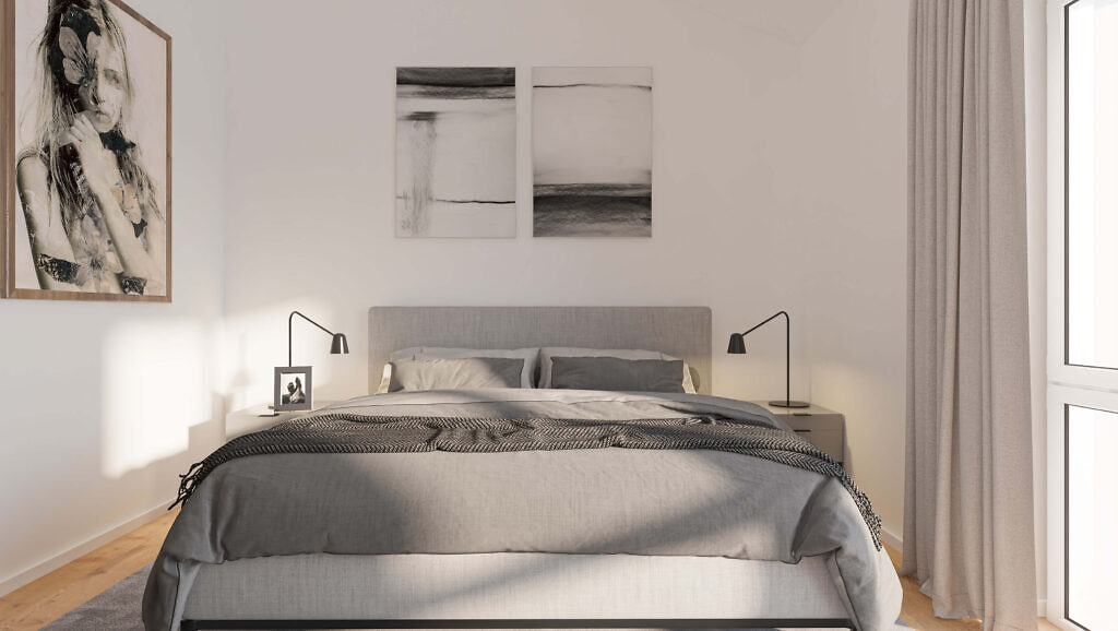 Visualisierung des Schlafzimmers im Neubauprojekt "im glückswinkel" in Bietigheim-Bissingen