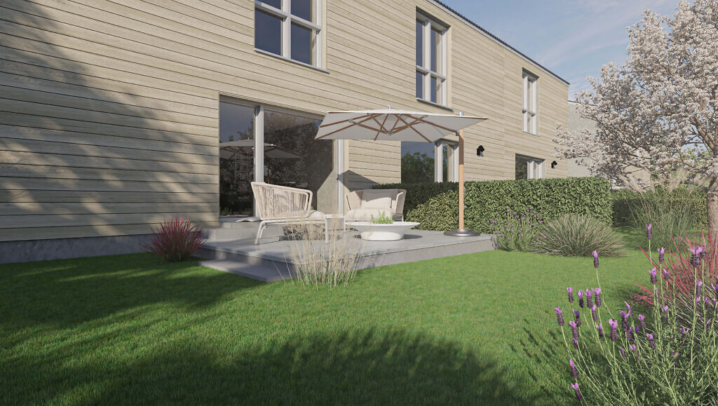 Visualisierung einer Terrasse mit Garten im Neubauprojekt "im glückswinkel" in Bietigheim-Bissingen an der Enz