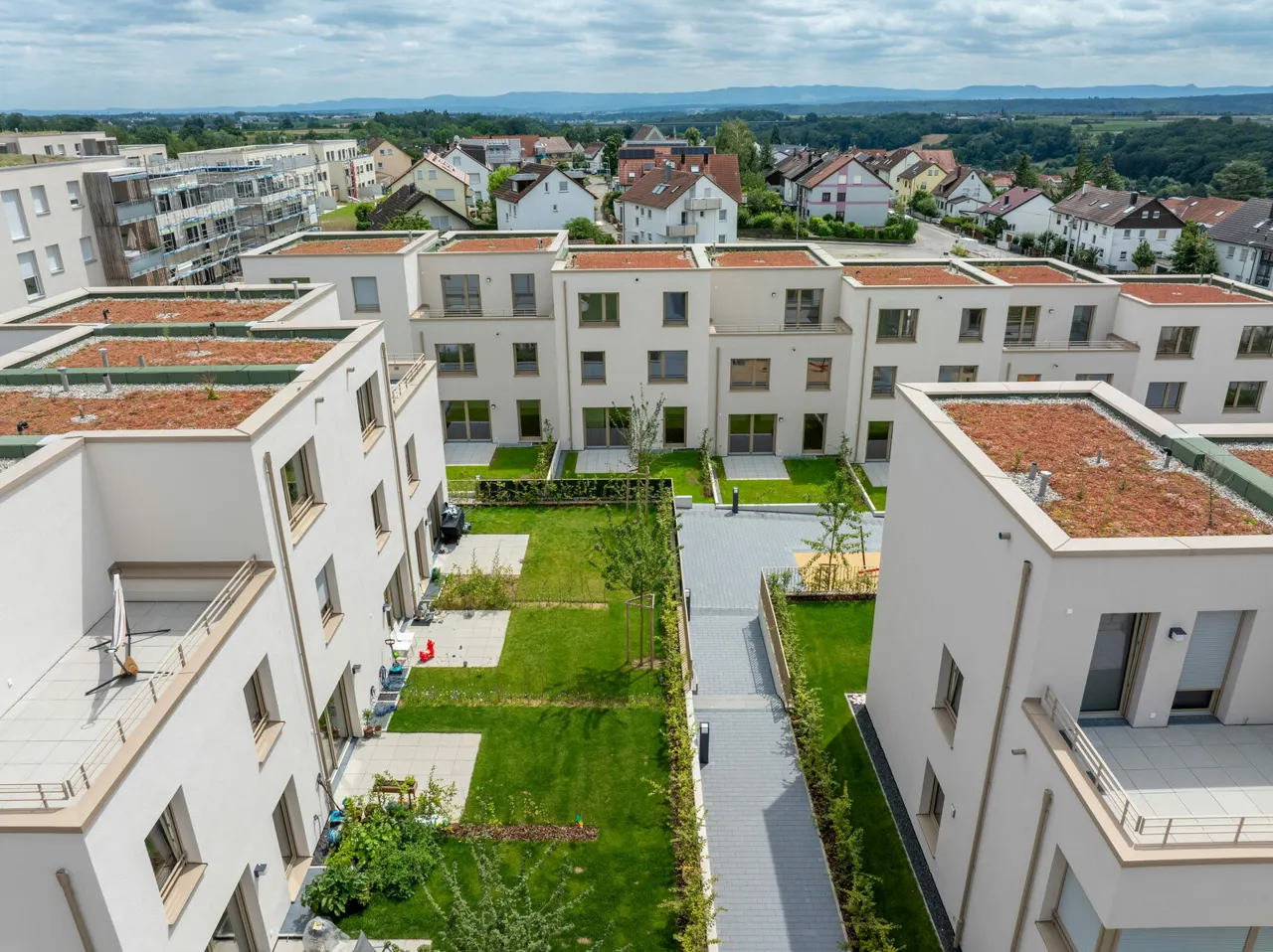 Außenansicht von oben des Quartiers "Grüne Gärten" in Ostfildern-Scharnhausen
