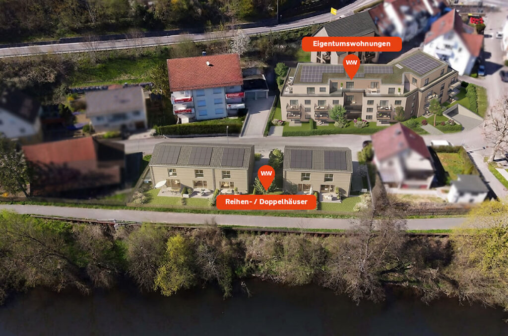 Luftaufnahme des Grundstücks, auf dem die Eigentumswohnungen und Einfamilienhäuser der Neubauprojekte "im glückswinkel" in Bietigheim-Bissingen entstehen - unverbindliche und KI generierte Illustration