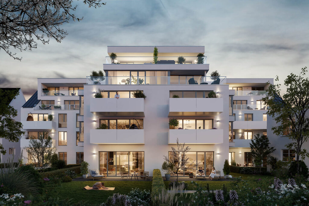 Visualisierung der Neubau Eigentumswohnungen des Projekts SeeSeiten in Friedrichshafen am Bodensee von außen bei Nacht