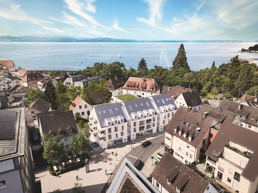 Visualisierung der Neubau Eigentumswohnungen des Projekts SeeSeiten in Friedrichshafen am Bodensee von oben