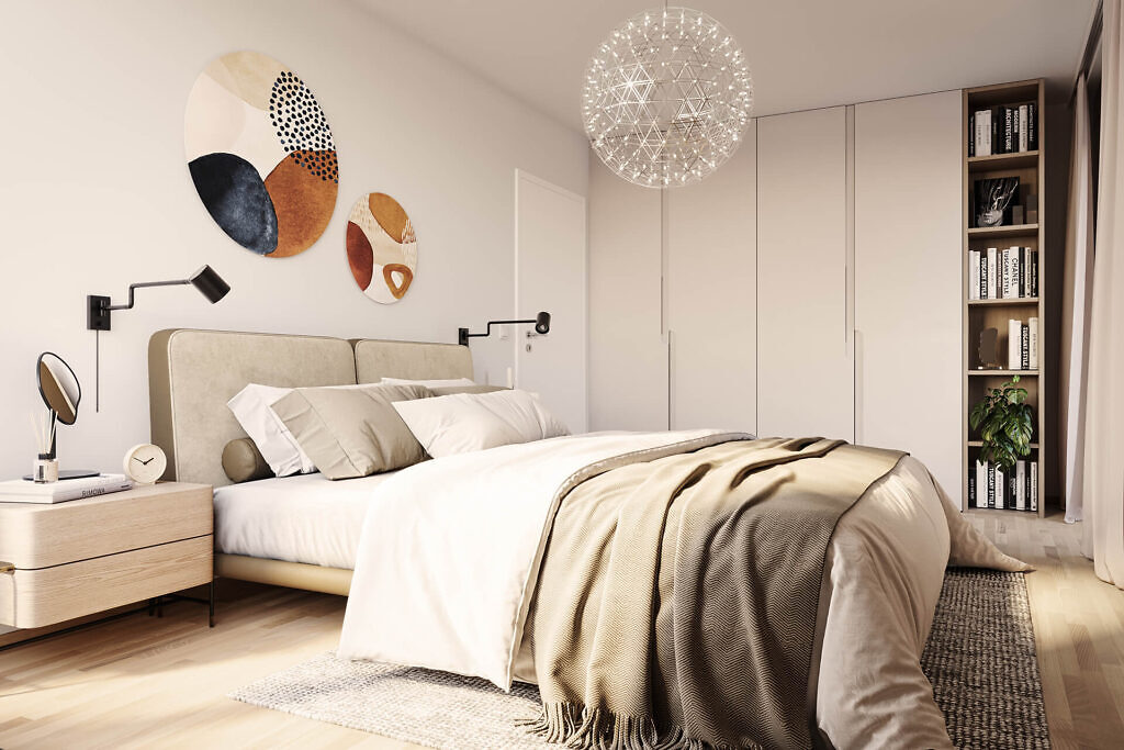 Visualisierung des Schlafzimmers der Neubau Eigentumswohnungen des Projekts SeeSeiten in Friedrichshafen am Bodensee
