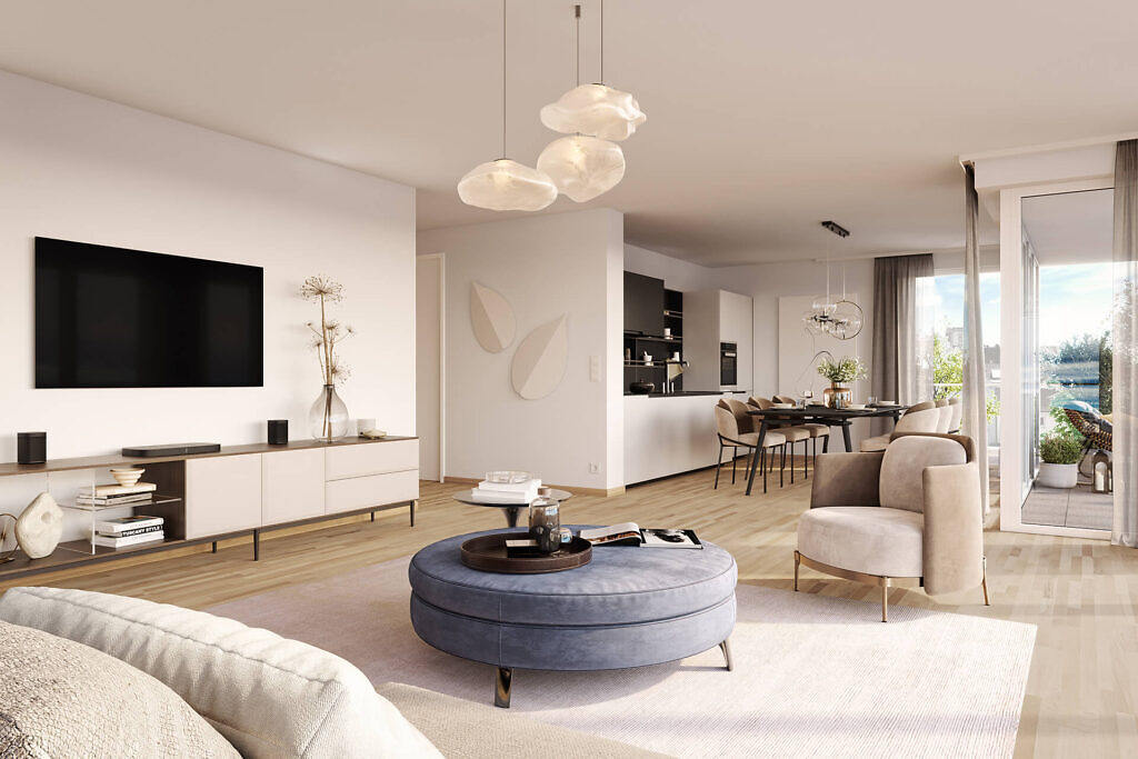 Visualisierung des Wohn- und Essbereichs der Neubau Eigentumswohnungen des Projekts SeeSeiten in Friedrichshafen am Bodensee