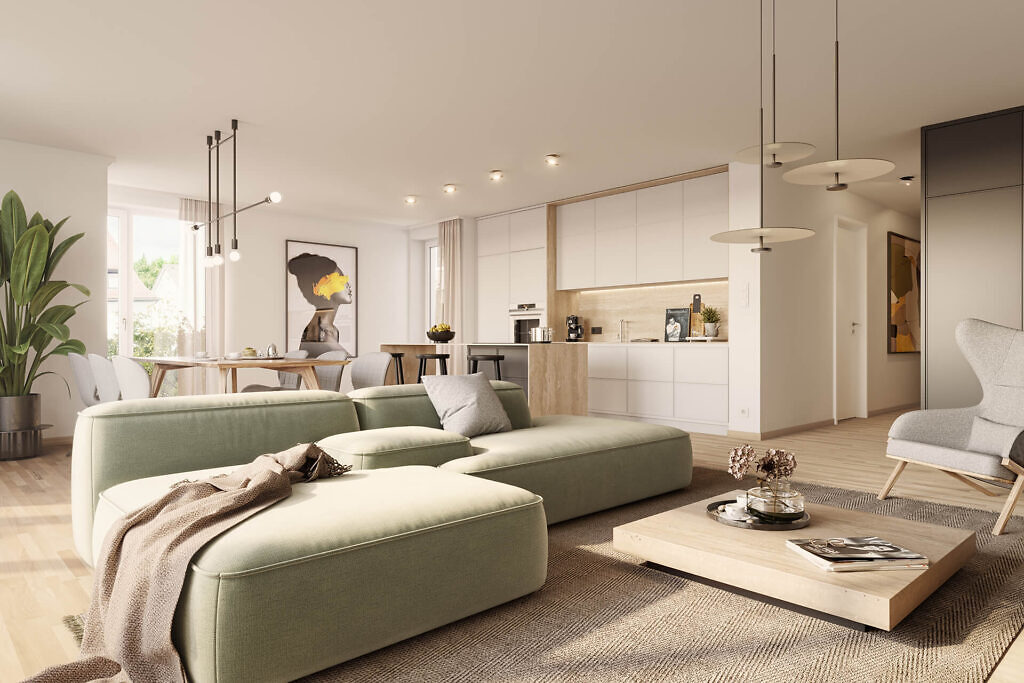 Visualisierung des Wohnzimmers der Neubau Eigentumswohnungen des Projekts SeeSeiten in Friedrichshafen am Bodensee