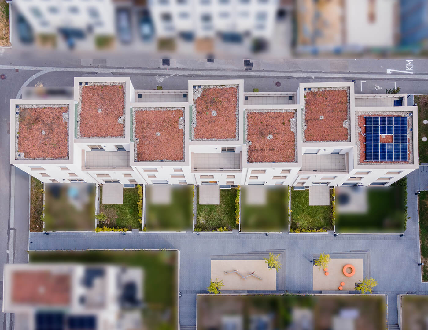 Außenansicht von oben von den Neubau Reihenhäusern in Ostfildern-Scharnhausen