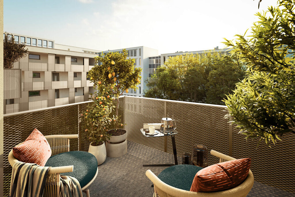 Unverbindliche Visualisierung von einem Balkon der Eigentumswohnungen im Neubauprojekt Zollern12 in Ludwigsburg