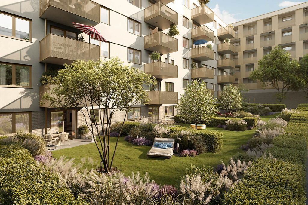 Unverbindliche Visualisierung von einem Garten der Eigentumswohnungen im Neubauprojekt Zollern12 in Ludwigsburg