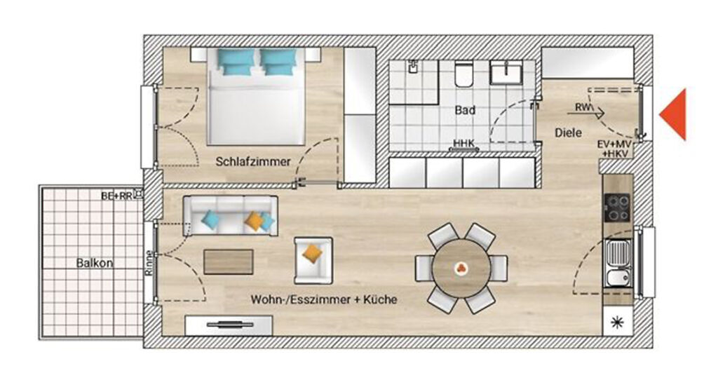 Beispielhafte Darstellung eines Grundrisses einer 2-Zimmer-Neubauwohnung im Zollern12 in Ludwigsburg