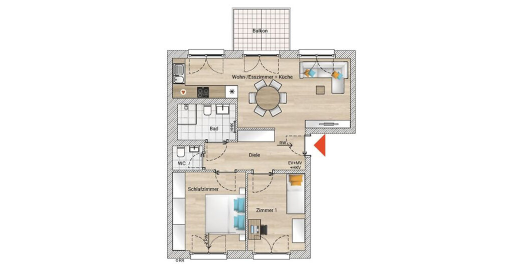 Beispielhafte Darstellung eines Grundrisses einer 3-Zimmer-Neubauwohnung im 1. Geschoss im Zollern12 in Ludwigsburg