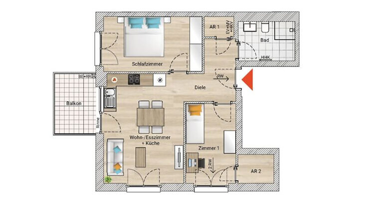 Beispielhafte Darstellung eines Grundrisses einer 3-Zimmer-Neubauwohnung im Zollern12 in Ludwigsburg