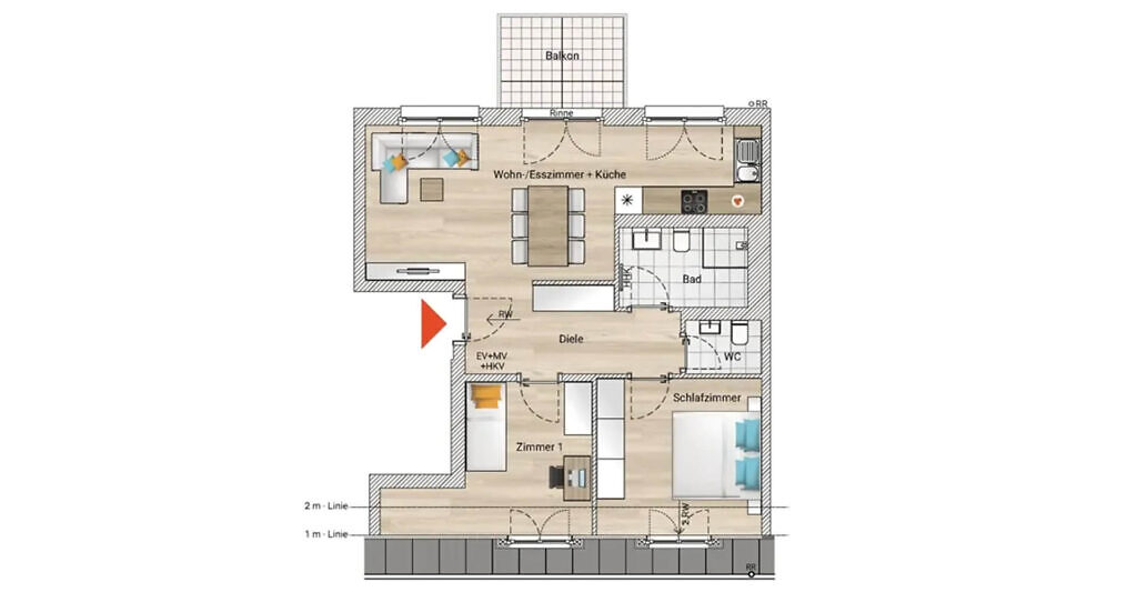 Beispielhafte Darstellung eines Grundrisses einer 3-Zimmer-Neubauwohnung im 5. Geschoss im Zollern12 in Ludwigsburg