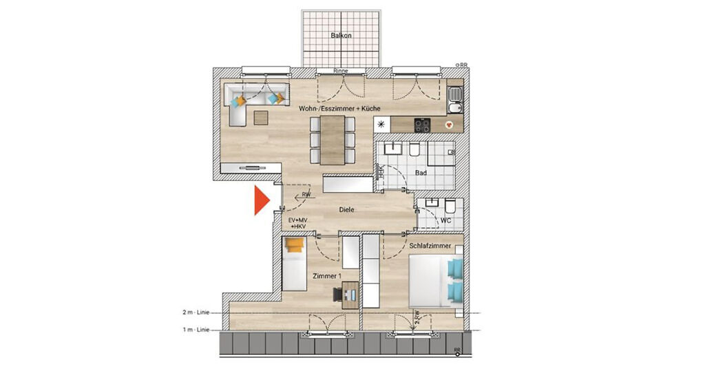 Beispielhafte Darstellung eines Grundrisses einer 3-Zimmer-Neubauwohnung im 5. OG im Zollern12 in Ludwigsburg
