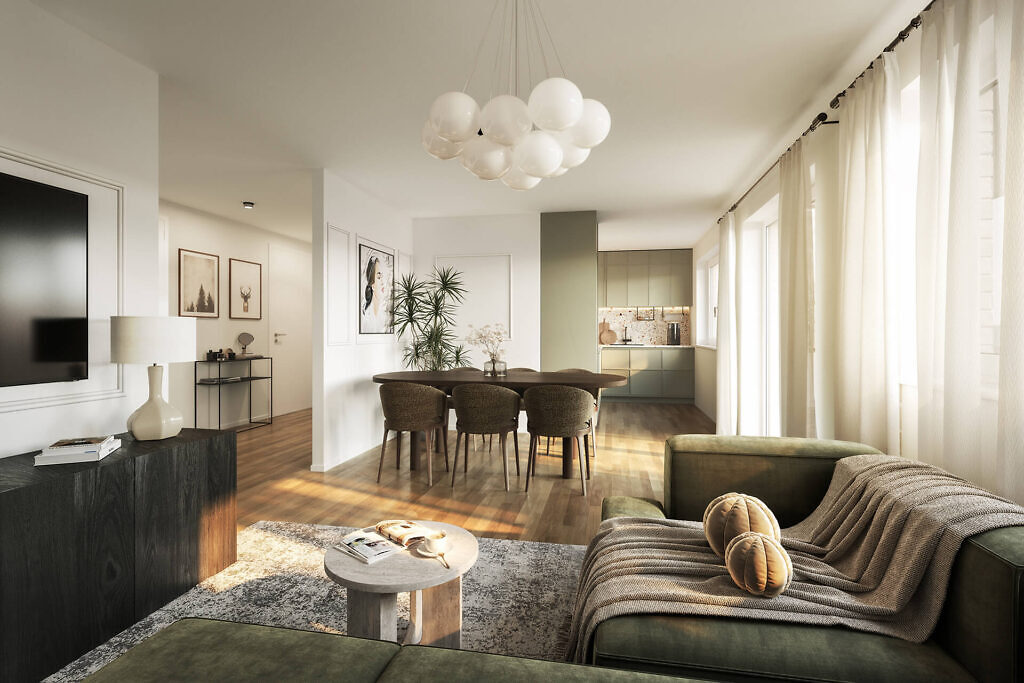 Visualisierung des Wohnzimmers des Neubau Wohnungsprojekts Zollern12 in Ludwigsburg