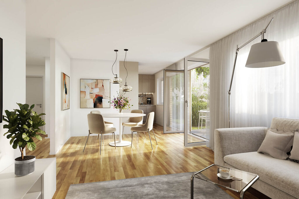 Unverbindliche Visualisierung von einem Wohnzimmer der Eigentumswohnungen im Neubauprojekt Zollern12 in Ludwigsburg